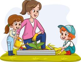 contento linda pequeño niños son plantando flores con su padres.hijos son Ayudar su padres con jardinería vector