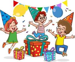 cute kids having fun at birthday party cartoon illustration vector