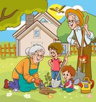 Happy cute little children are planting flowers with their parents.children are helping their parents with gardening vector