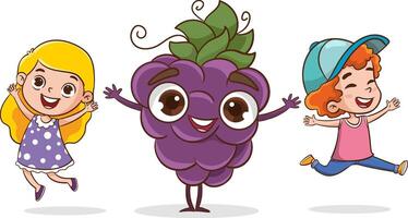 grande frutas y niños. linda pequeño niños teniendo divertido y jugando con grande frutas gracioso dibujos animados personaje. ilustración. aislado en blanco antecedentes vector