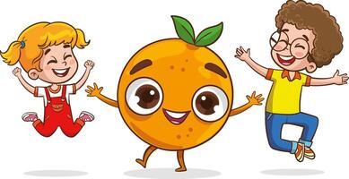 grande frutas y niños. linda pequeño niños teniendo divertido y jugando con grande frutas gracioso dibujos animados personaje. ilustración. aislado en blanco antecedentes vector