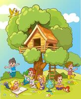 ilustración de niños jugando en árbol casa. vector