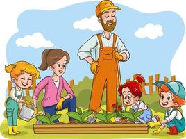 contento linda pequeño niños son plantando flores con su padres.hijos son Ayudar su padres con jardinería vector