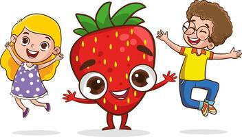 grande frutas y niños. linda pequeño niños teniendo divertido y jugando con grande frutas gracioso dibujos animados personaje. ilustración. aislado en blanco antecedentes vector