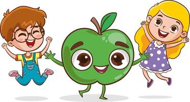 grande frutas y niños. linda pequeño niños teniendo divertido y jugando con grande frutas gracioso dibujos animados personaje. ilustración. aislado en blanco antecedentes vector