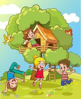 ilustración de niños jugando en árbol casa. vector