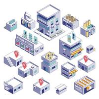 Isometric industrial buildings, workers, delivery trucks, factory and warehouse collection. Illustration of isometric industry, building industrial vector