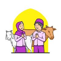 Eid Al Adha festival. banner with muslim couple, goat and cow. hand drawn illustration. vector