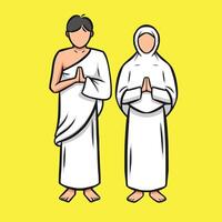 Muslim couple performs Islamic Hajj Pilgrimage. Man and Woman Hajj characters wear ihram clothes. illustration in hand drawn vector
