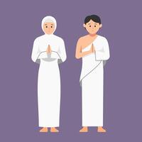 musulmán Pareja realiza islámico hajj peregrinaje. hombre y mujer hajj caracteres vestir ihram ropa. ilustración en plano vector