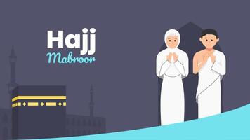 Muslim couple performs Islamic Hajj Pilgrimage. Man and Woman Hajj characters wear ihram clothes. illustration in flat vector