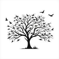 A single black tree silhouettes with birds on white background vector