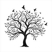 A single black tree silhouettes with birds on white background vector