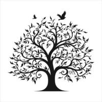 A single black tree silhouettes with birds on white background vector