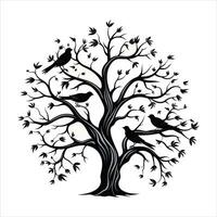 A single black tree silhouettes with birds on white background vector