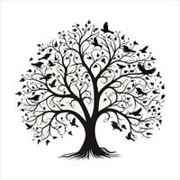 A single black tree silhouettes with birds on white background vector