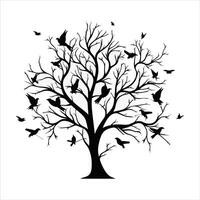 A single black tree silhouettes with birds on white background vector