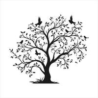 A single black tree silhouettes with birds on white background vector