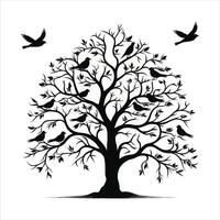 A single black tree silhouettes with birds on white background vector