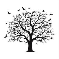 A single black tree silhouettes with birds on white background vector