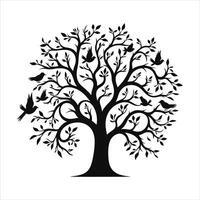 A single black tree silhouettes with birds on white background vector