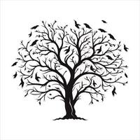 A single black tree silhouettes with birds on white background vector