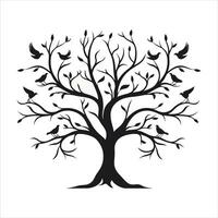 A single black tree silhouettes with birds on white background vector