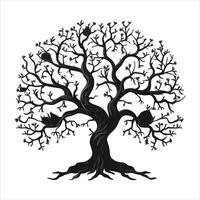 A single black tree silhouettes with birds on white background vector