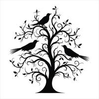 A single black tree silhouettes with birds on white background vector