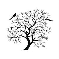 A single black tree silhouettes with birds on white background vector