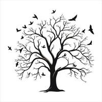 A single black tree silhouettes with birds on white background vector