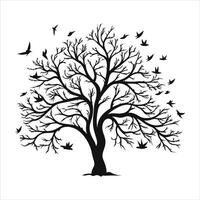 A single black tree silhouettes with birds on white background vector