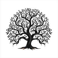 A single black tree silhouettes with birds on white background vector