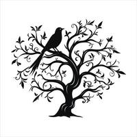 A single black tree silhouettes with birds on white background vector