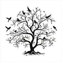 A single black tree silhouettes with birds on white background vector