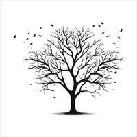 A single black tree silhouettes with birds on white background vector
