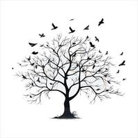 A single black tree silhouettes with birds on white background vector