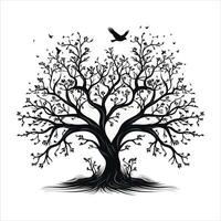 A single black tree silhouettes with birds on white background vector