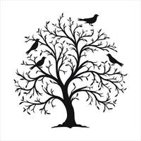 A single black tree silhouettes with birds on white background vector