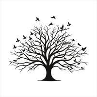 A single black tree silhouettes with birds on white background vector