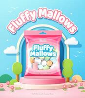Fluffy marshmallows promo ad in 3d illustration, package of marshmallows over a podium with tree design elements against blue sky vector