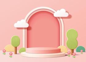 Abstract backdrop for product display, pink podium with trees and plants in 3d illustration vector