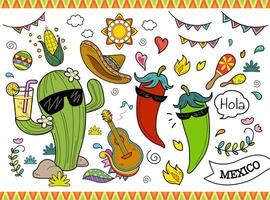 Set of cute cartoon illustration, concept of Mexico culture, isolated on white background vector