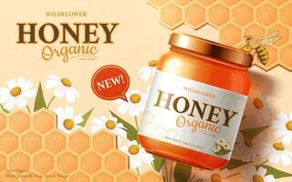 Organic honey product with honeybee in 3d illustration on honeycomb and wildflowers design background vector