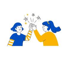 Two girls having high five, concept of friendship and teamwork, illustration in flat design isolated on white background vector