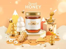 Sweet honey ad template, golden honeycomb podium design with cute bees and trees, 3d illustration vector