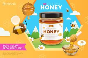 Organic honey ad template, glass jar mock-up set by hive shaped hole with natural mountain scene inside, 3d illustration vector