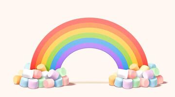 Abstract rainbow and colorful marshmallows on light yellow background for product display, 3d illustration vector