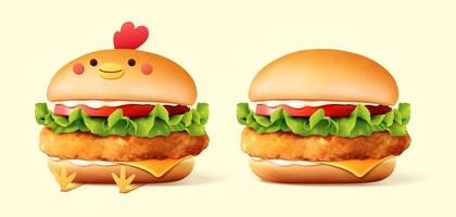 Realistic delicious 3d illustration chicken burgers isolated on beige background vector
