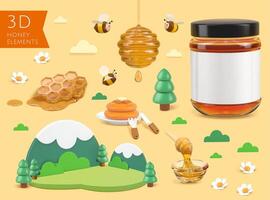 Honey and bee related element set, isolated on yellow background, 3d illustration in cartoon design vector